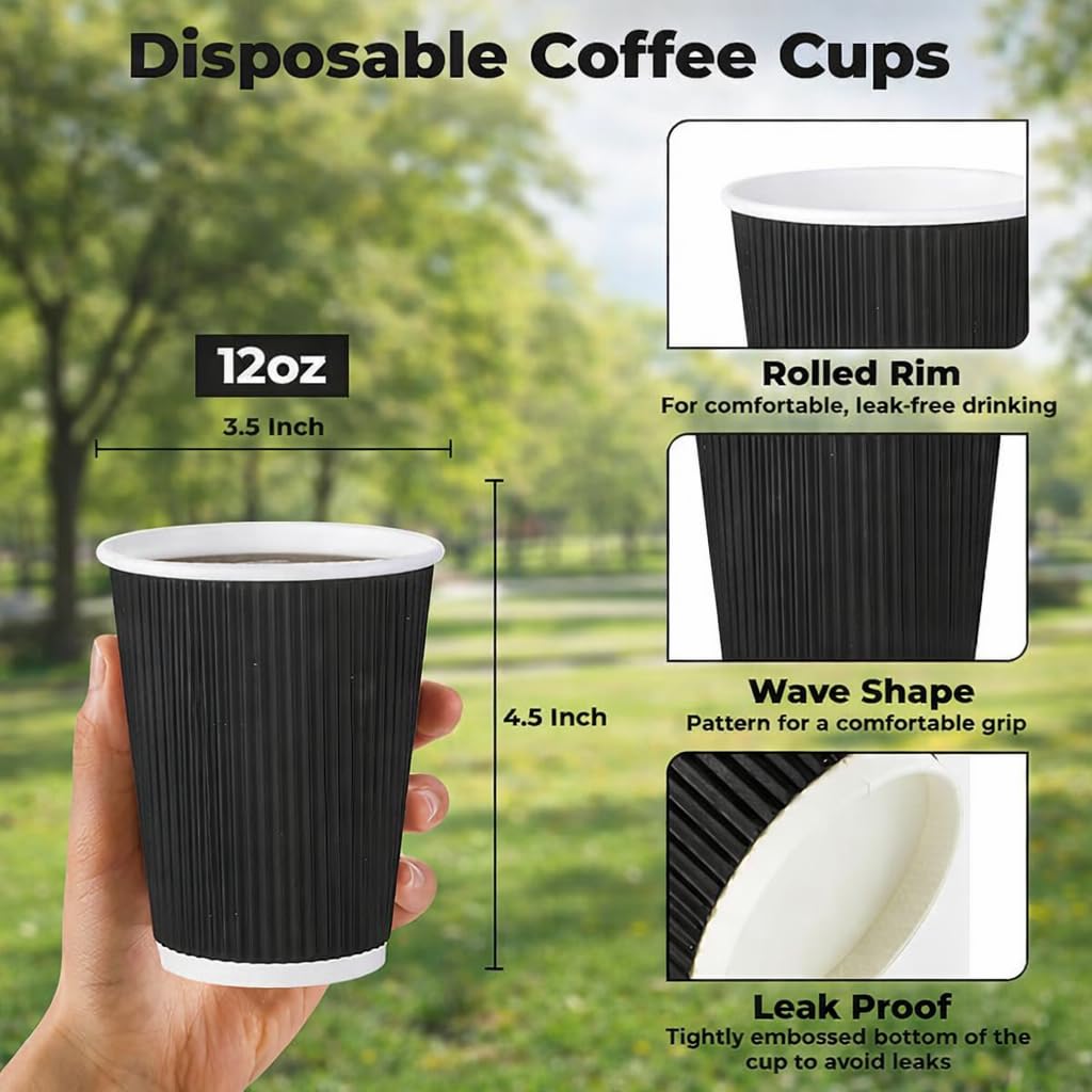 M25 Packs - 500 x Black 12oz Ripple Cups - 3 Ply Insulated Paper Cups - Disposable Hot Coffee Tea Drinking Cups