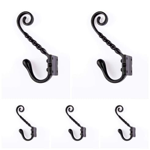 B&M - 5 x Antique Black Twisted Hook Cast Iron Coat and Hat hook - Pack of 5