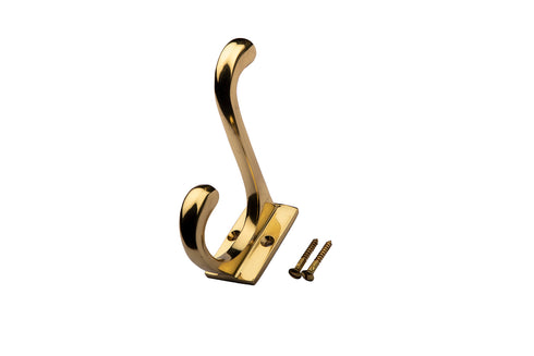 Retro Solid Brass Coat and Hat Hook with Rectangular Base Polished Brass