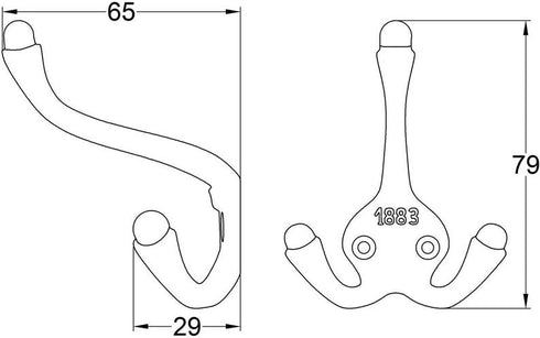 Cast Iron 1883 Antique Triple coat hook with a pair of matching woodscrews (Pack of 4)