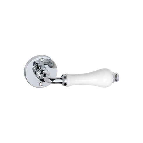 B&M Chrome Lever on Rose with White Porcelain Handle Chrome Polished