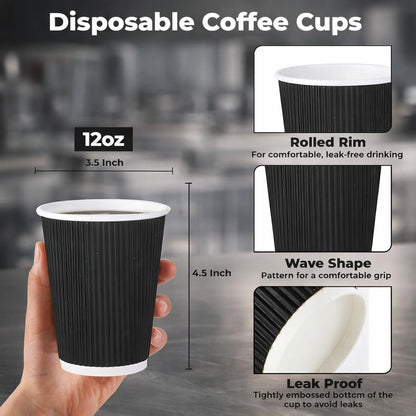 M25 Packs - 500 x Black 12oz Ripple Cups - 3 Ply Insulated Paper Cups - Disposable Hot Coffee Tea Drinking Cups