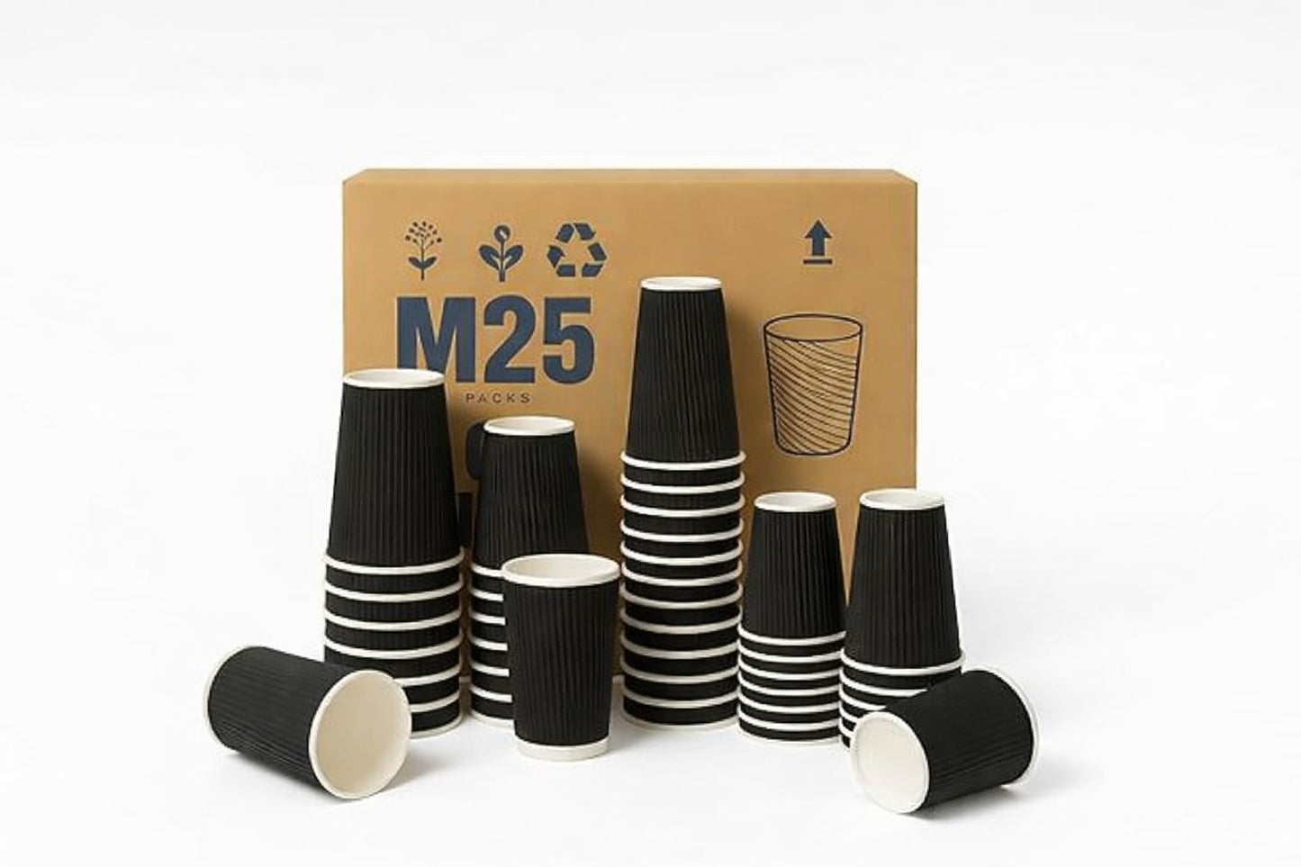 M25 Packs - 500 x Black 12oz Ripple Cups - 3 Ply Insulated Paper Cups - Disposable Hot Coffee Tea Drinking Cups