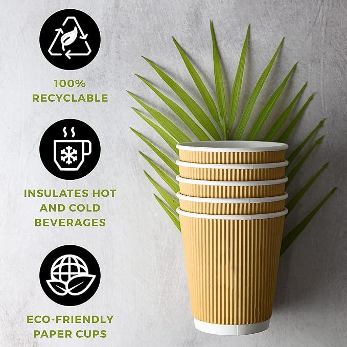 M25 Packs - 500 x Kraft 12oz Ripple Cups - 3 Ply Insulated Paper Cups - Disposable Paper Hot Coffee Tea Drinking Cups ( NO Lids )