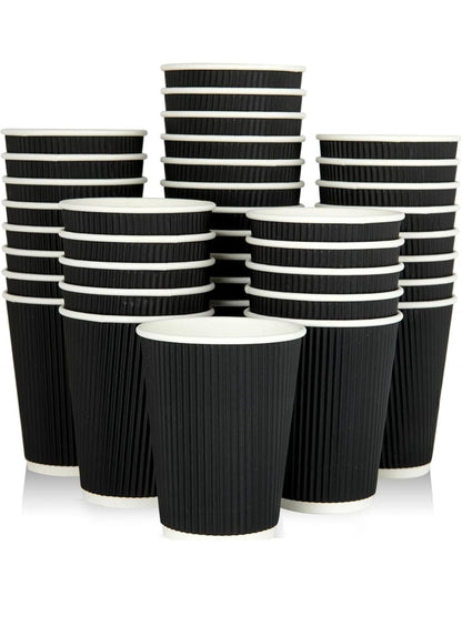 500 x Black 8 Ounce Ripple 3 Ply Disposable Insulated Paper Cups For Tea Coffee Cappuccino Hot Drinks