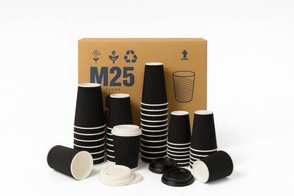 500 x Black 8 Ounce Ripple 3 Ply Disposable Insulated Paper Cups For Tea Coffee Cappuccino Hot Drinks