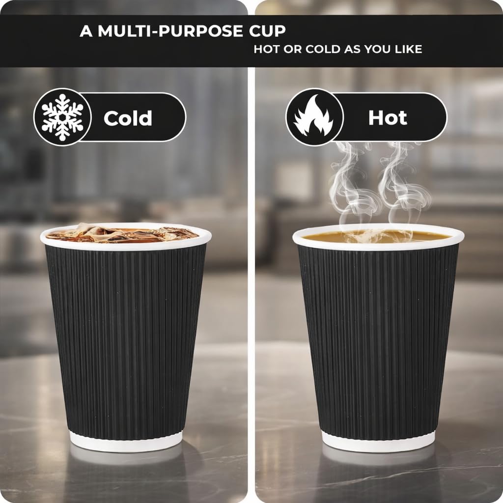 M25 Packs - 500 x Black 12oz Ripple Cups - 3 Ply Insulated Paper Cups - Disposable Hot Coffee Tea Drinking Cups