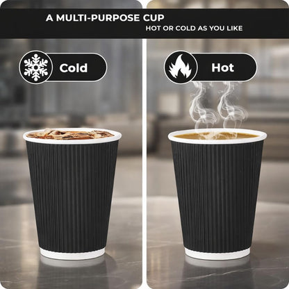 M25 Packs - 500 x Black 12oz Ripple Cups - 3 Ply Insulated Paper Cups - Disposable Hot Coffee Tea Drinking Cups