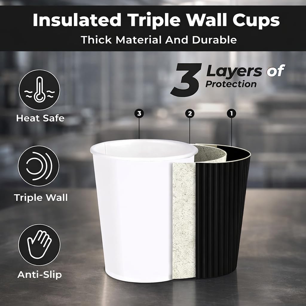 M25 Packs - 500 x Black 12oz Ripple Cups - 3 Ply Insulated Paper Cups - Disposable Hot Coffee Tea Drinking Cups