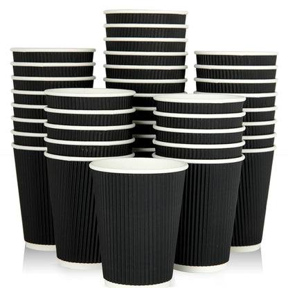M25 Packs - 500 x Black 12oz Ripple Cups - 3 Ply Insulated Paper Cups - Disposable Hot Coffee Tea Drinking Cups