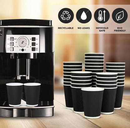 500 x Black 8 Ounce Ripple 3 Ply Disposable Insulated Paper Cups For Tea Coffee Cappuccino Hot Drinks