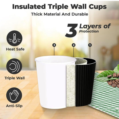 500 x Black 8 Ounce Ripple 3 Ply Disposable Insulated Paper Cups For Tea Coffee Cappuccino Hot Drinks