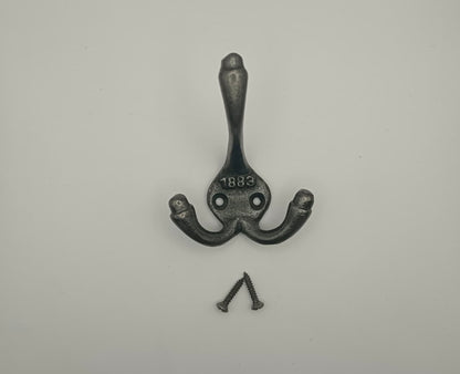 Cast Iron 1883 Antique Triple coat hook with a pair of matching woodscrews (Pack of 4)