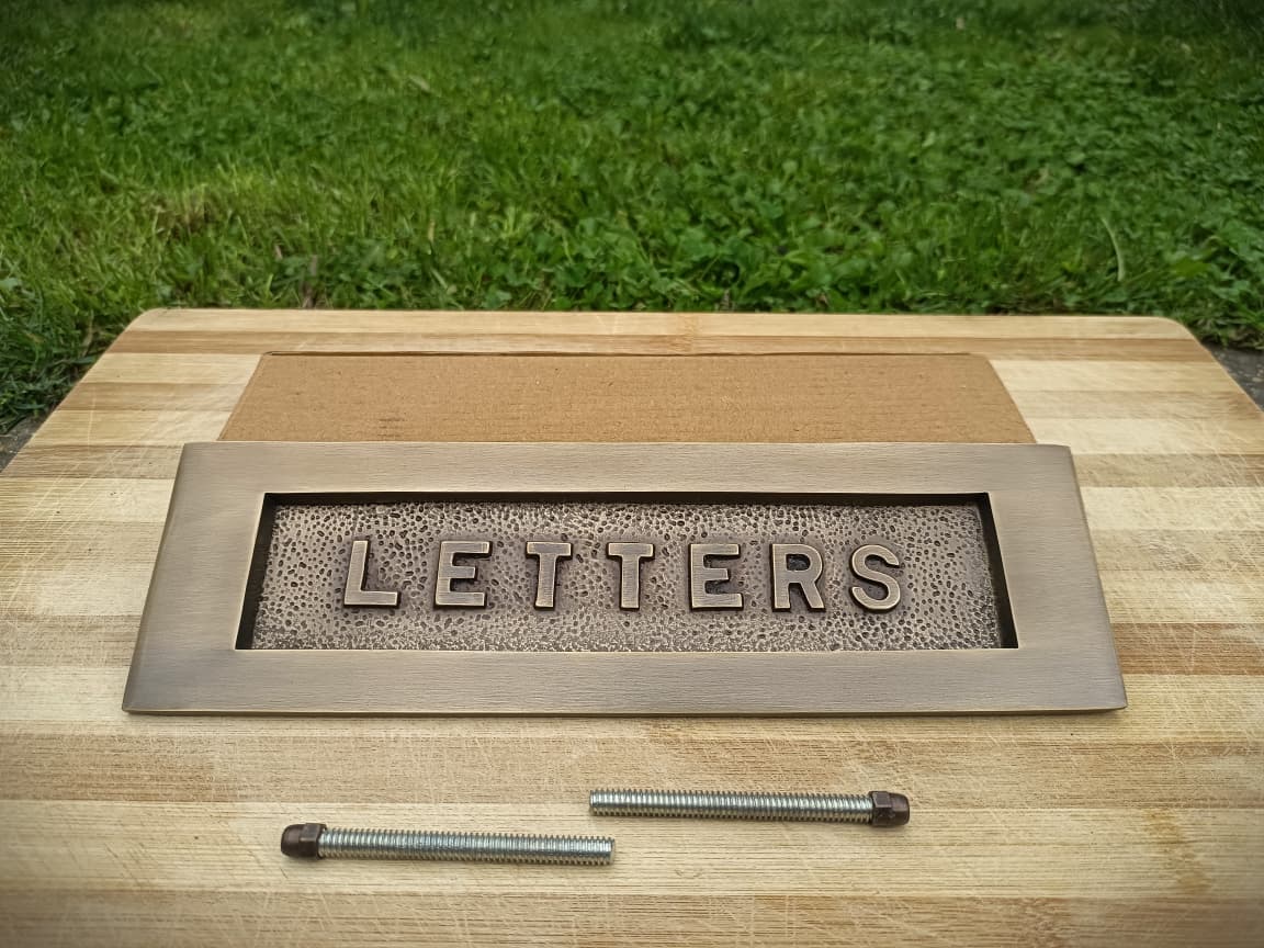Antique Brass Letter Plate 10 x 3 inches - LETTERS Embossed on Solid Brass supplied with fixing bolts