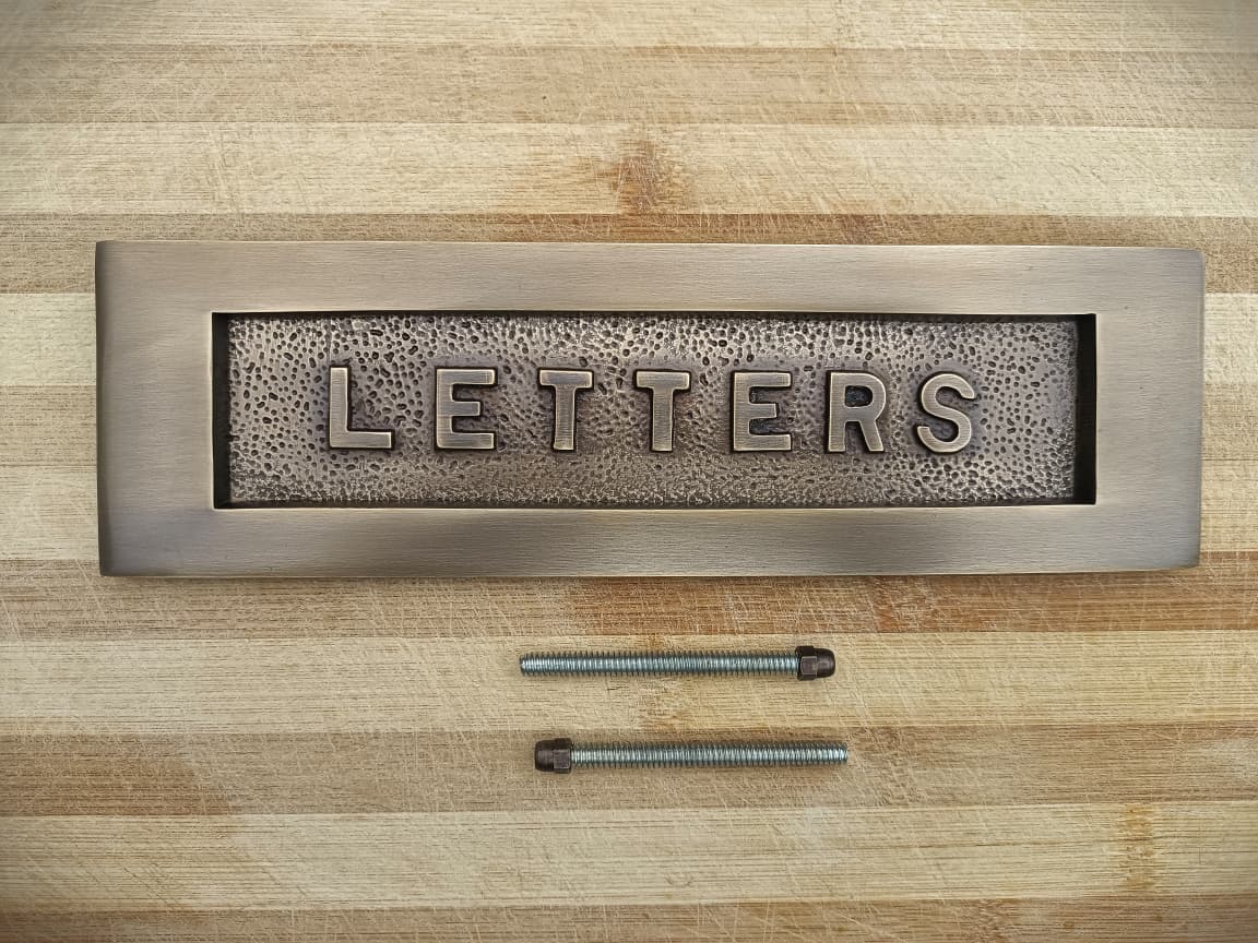 Antique Brass Letter Plate 10 x 3 inches - LETTERS Embossed on Solid Brass supplied with fixing bolts
