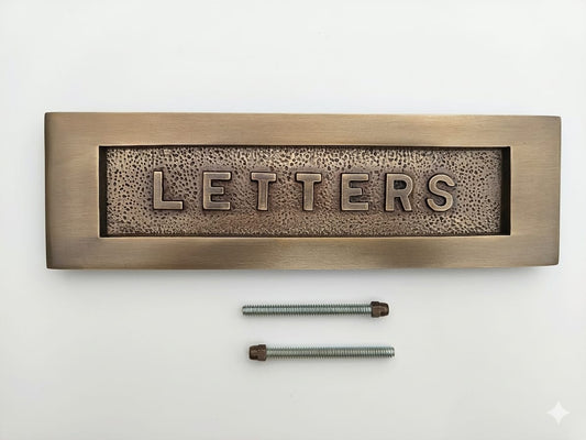 Antique Brass Letter Plate 10 x 3 inches - LETTERS Embossed on Solid Brass supplied with fixing bolts