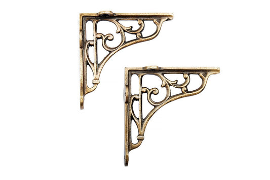 4x4 / 5x5 Pair Antique Brass Classic Victorian Scroll Shelf Brackets - Pair In Antique Brass
