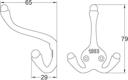 5 X Hand Forged Cast Iron 1883 Antique Coat Hook Triple Coat Hooks With A Pair Of Matching Woodscrews