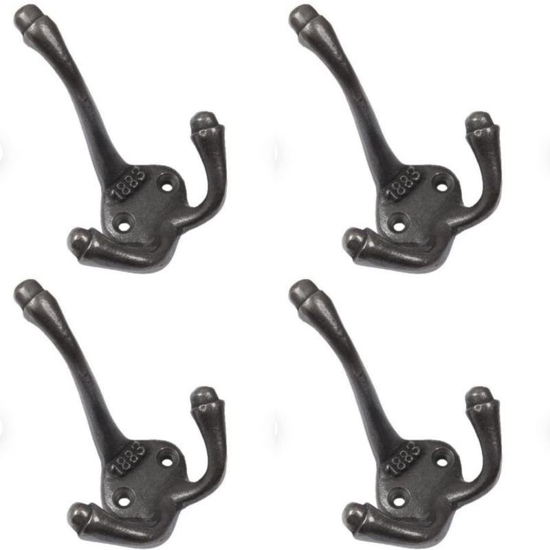 Cast Iron 1883 Antique Triple coat hook with a pair of matching woodscrews (Pack of 4)