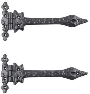 Black Antique Fleur-De-Lys Hinges 9" (229mm) – Decorative Vintage Door/Gate Hinges – Rustic Cast Iron Strap Hinges – 1 Pair with Screws