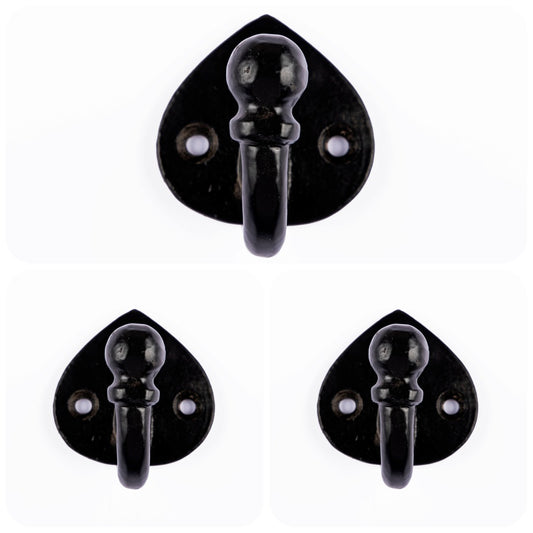 Single Hook Antique Black - Cast Iron - Pack of 3