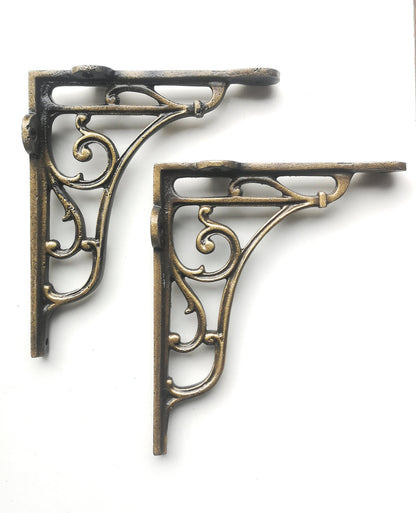 Classic Victorian Scroll Shelf Brackets - Pair in Antique Brass 7x7.5''