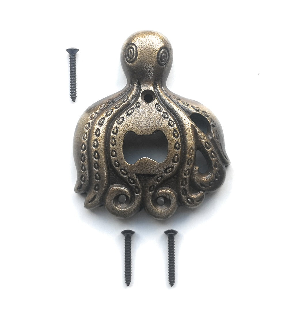 Antique Brass Octopus Bottle Opener Wall Mounted, Supplied with Fixing Screws