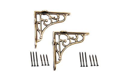 Classic Victorian Scroll Shelf Brackets - Pair in Antique Brass 6X6 inches