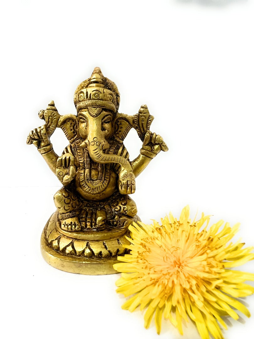 B&M| Antique Brass Ganpati Sculpture - Handcrafted Indian Hindu God Statue | 10cm